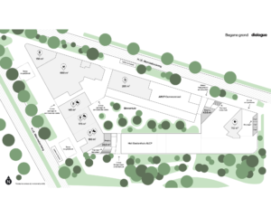 Plattegrond van de begane grond aan de H.J.E. Wenckebachweg met commerciële ruimtes, binnentuin, bergingen en entrees.